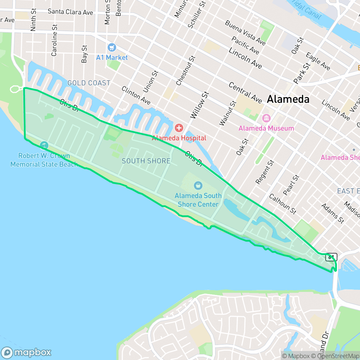 Map showing the location of South Shore, Alameda, CA