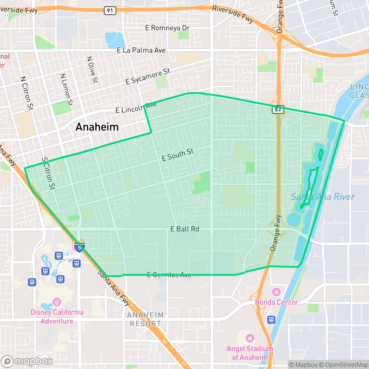 Map showing the location of Southeast Anaheim, Anaheim, CA