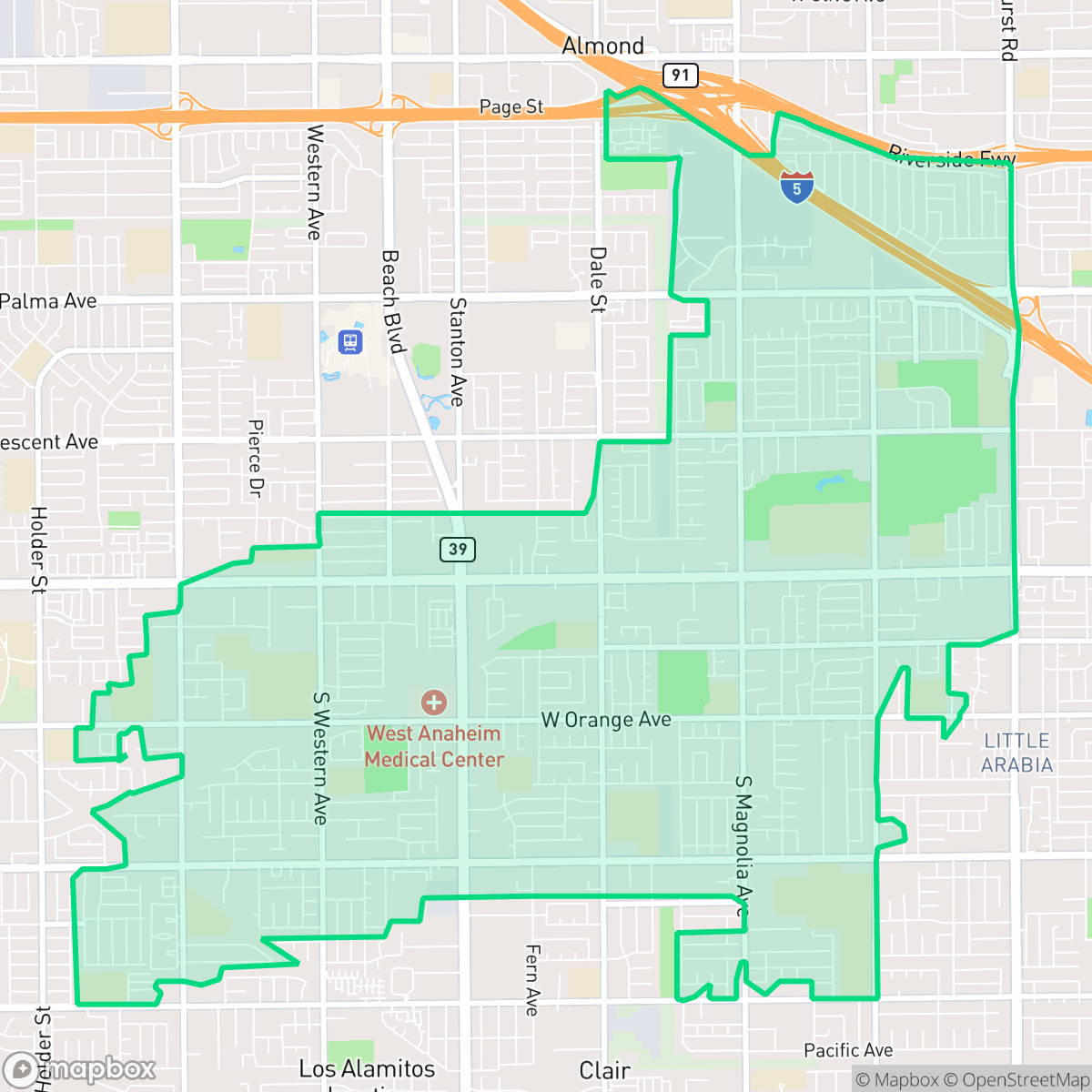 Map showing the location of West Anaheim, Anaheim, CA