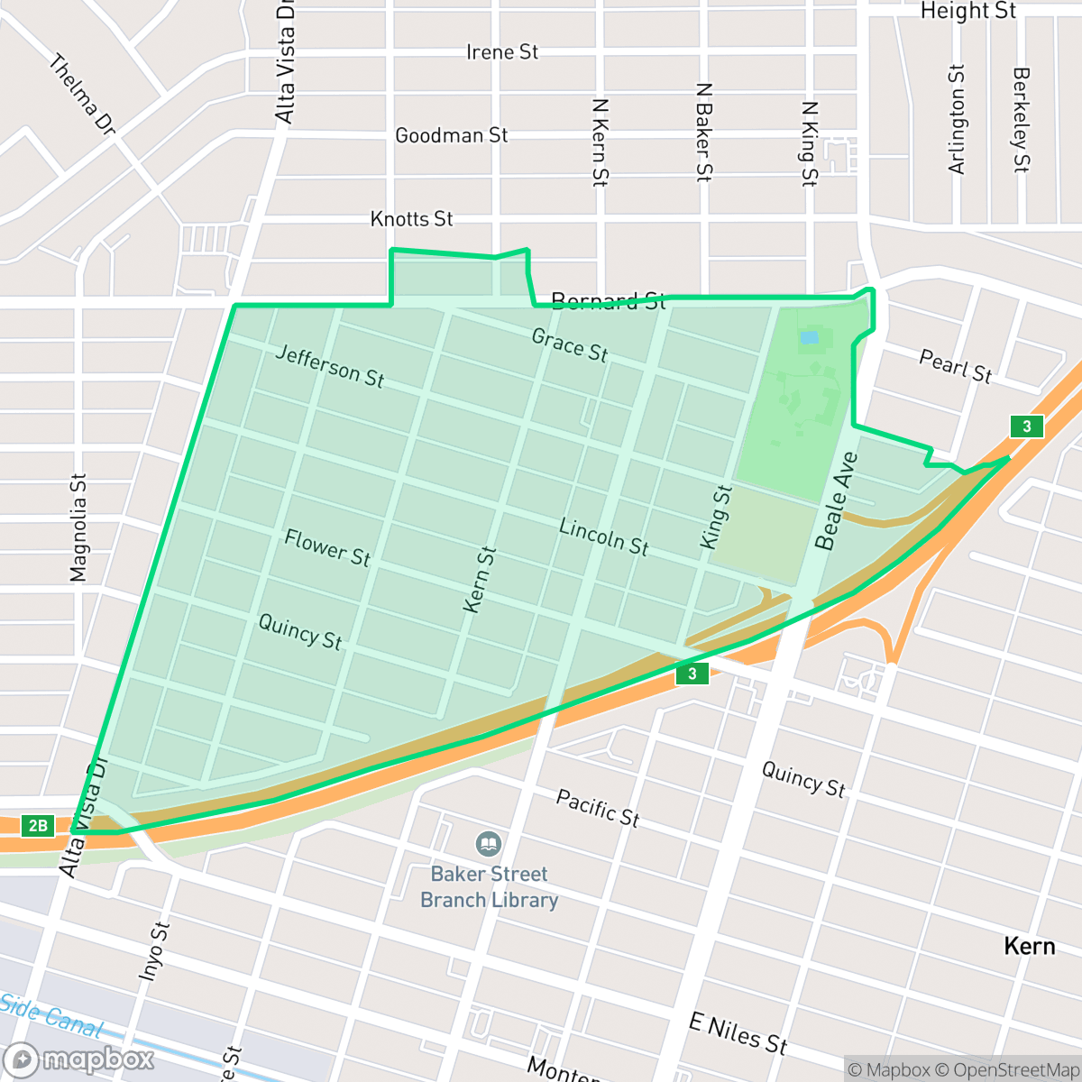 Map showing the location of College Heights - Baker Street, Bakersfield, CA