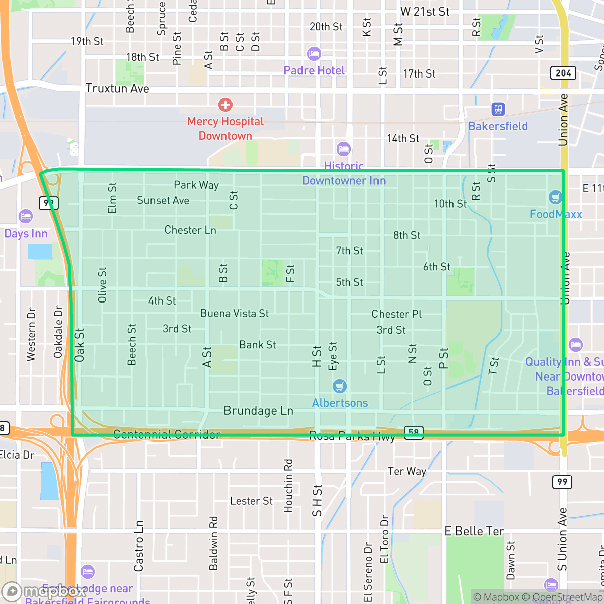 Map showing the location of Oleander Sunset, Bakersfield, CA