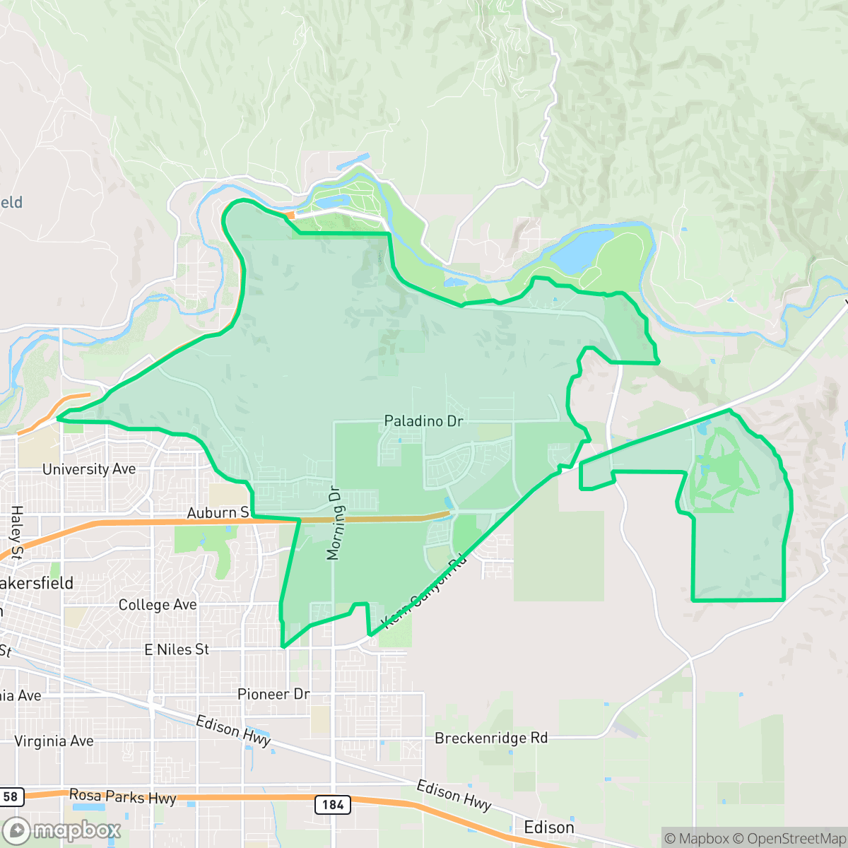 Map showing the location of Rio Bravo, Bakersfield, CA