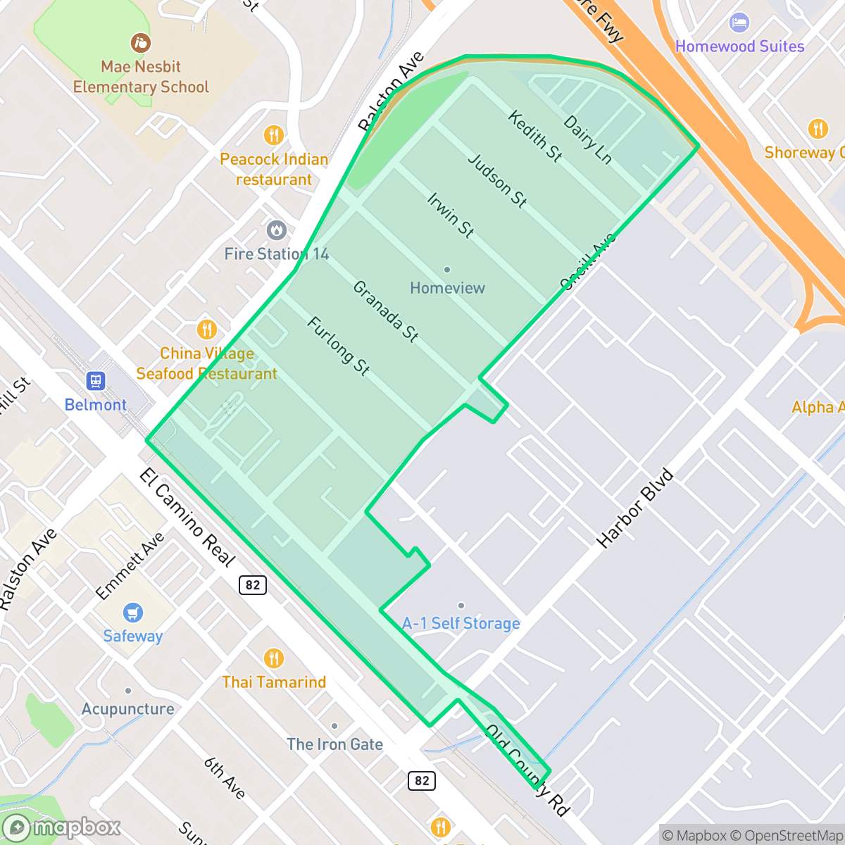Map showing the location of Homebire, Belmont, CA