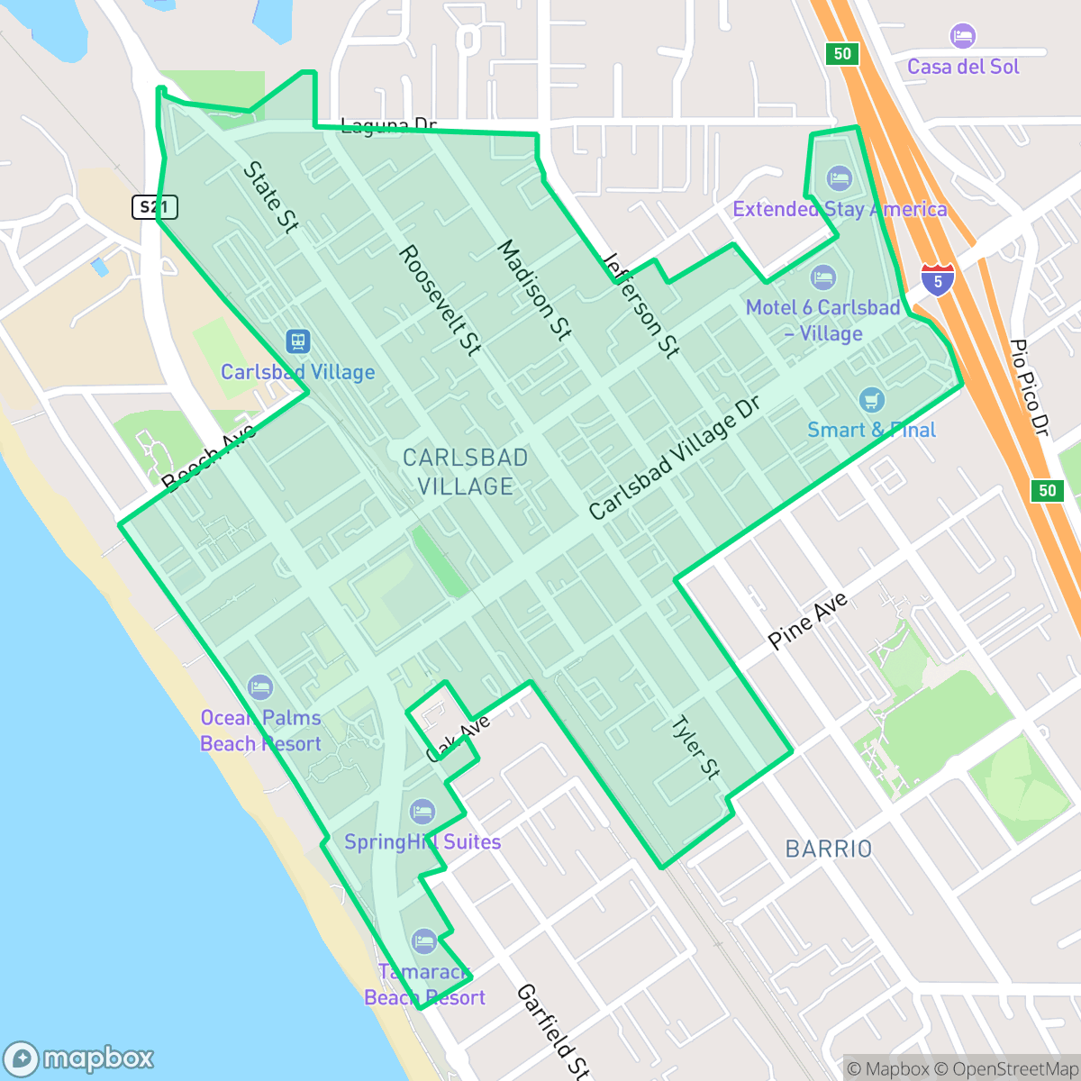 Map showing the location of Downtown Carlsbad, Carlsbad, CA