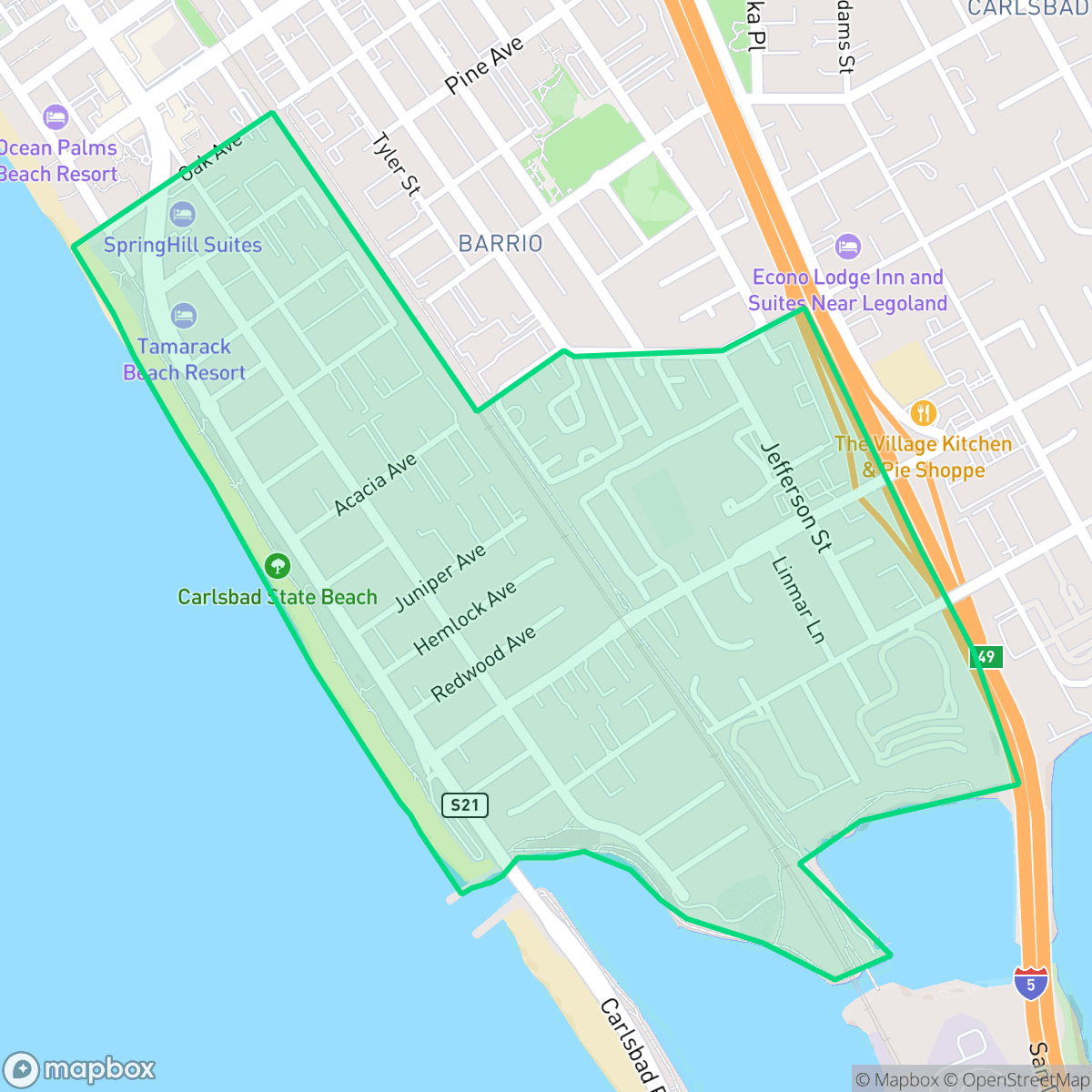 Map showing the location of North Beach, Carlsbad, CA
