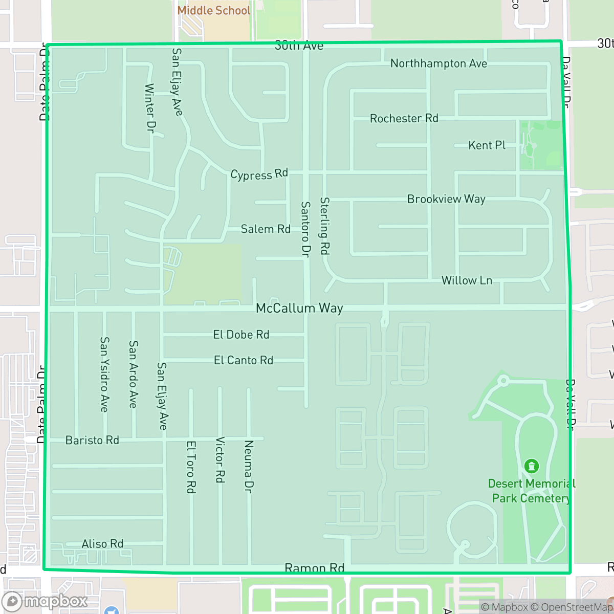 Map showing the location of Sunny Sands, Cathedral City, CA