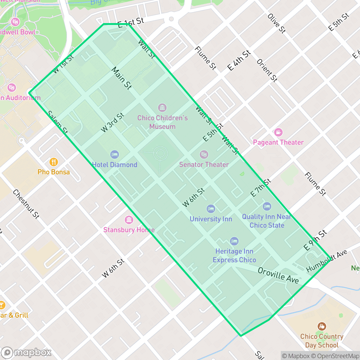 Map showing the location of Downtown, Chico, CA