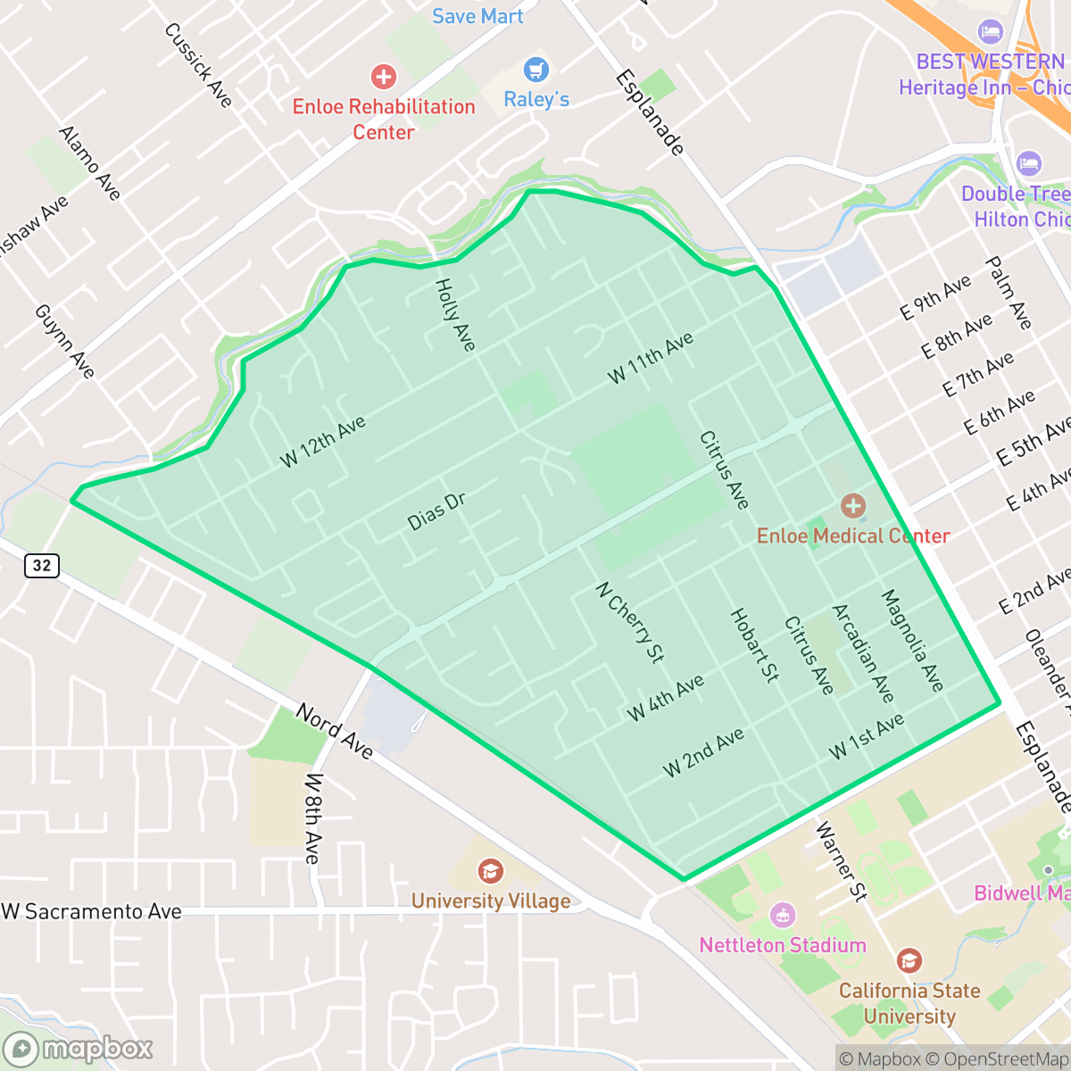 Map showing the location of The Avenues, Chico, CA