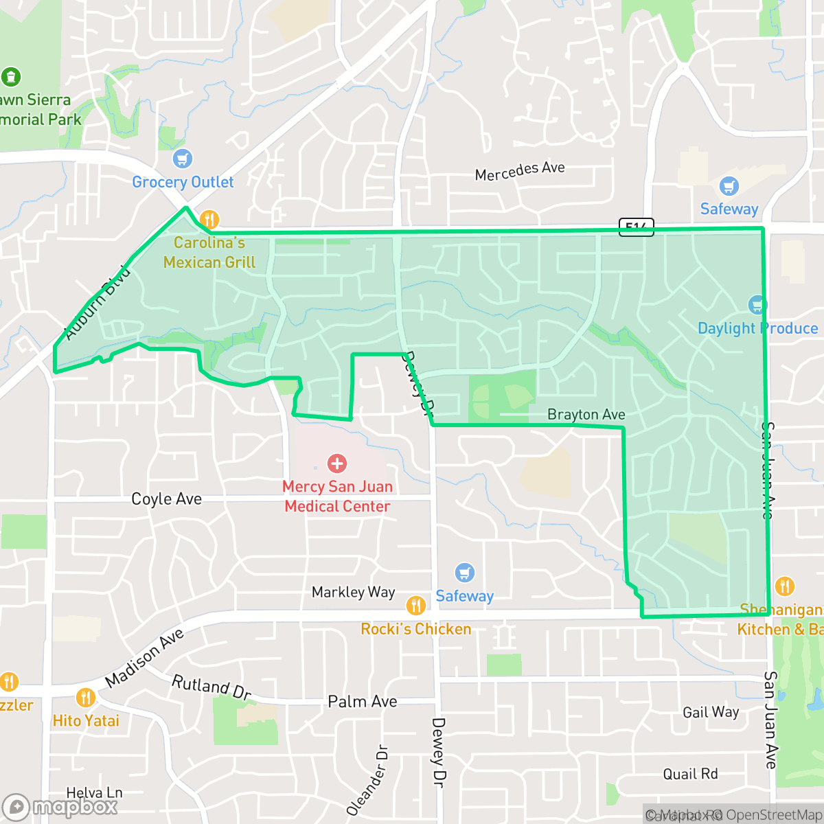 Map showing the location of Park Oaks, Citrus Heights, CA