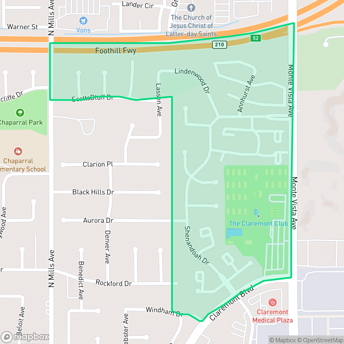 Map showing the location of The Claremont Club, Claremont, CA