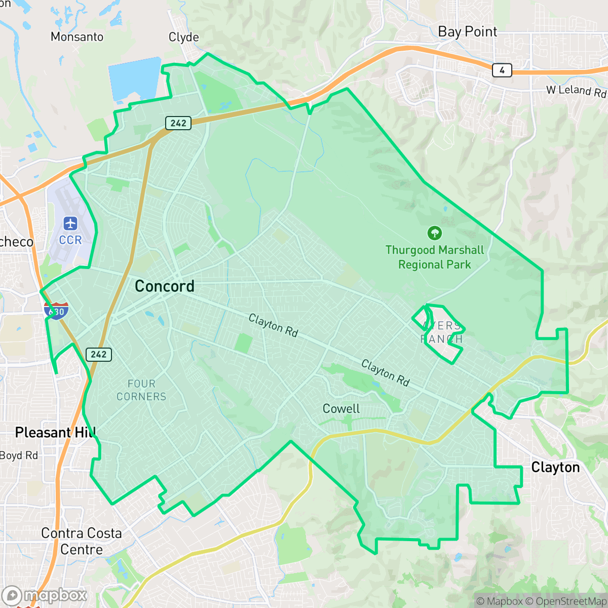 Map showing the location of Concord, CA — coverage area