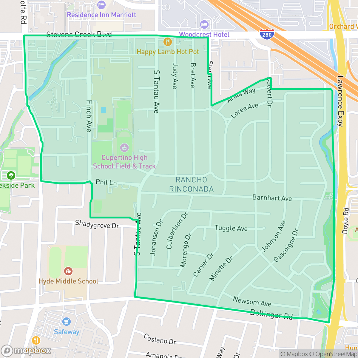 Map showing the location of Rancho Rinconada, Cupertino, CA