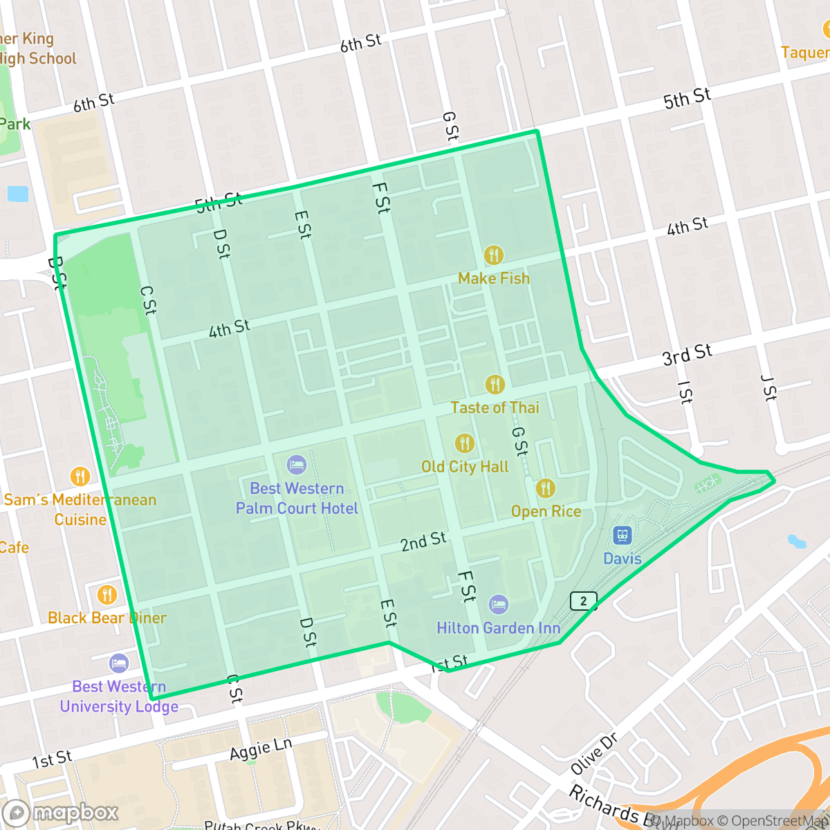 Map showing the location of Downtown Core, Davis, CA