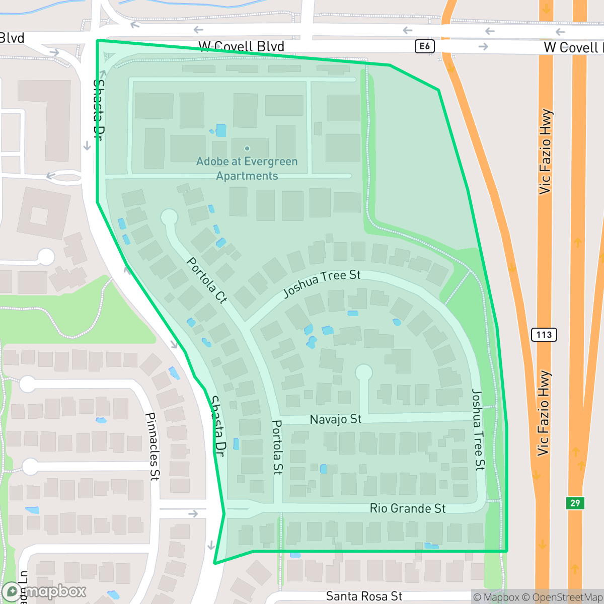 Map showing the location of Evergreen Meadows, Davis, CA