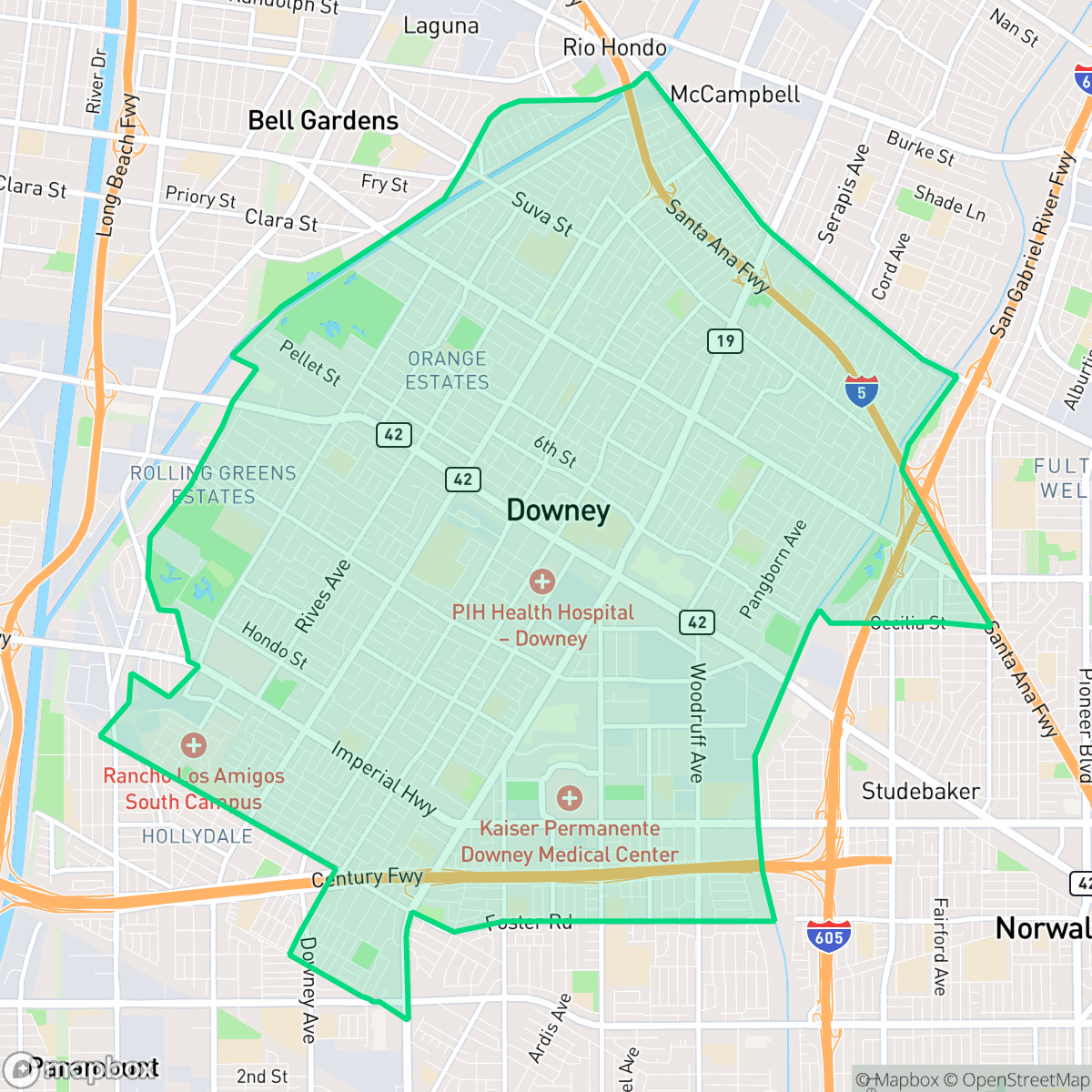 Map showing the location of Downey, CA — coverage area