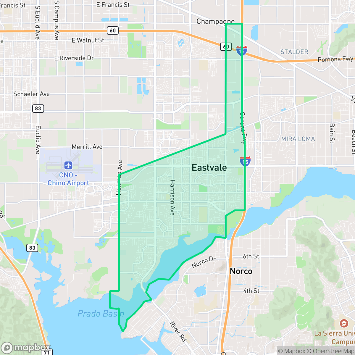Map showing the location of Eastvale, CA — coverage area