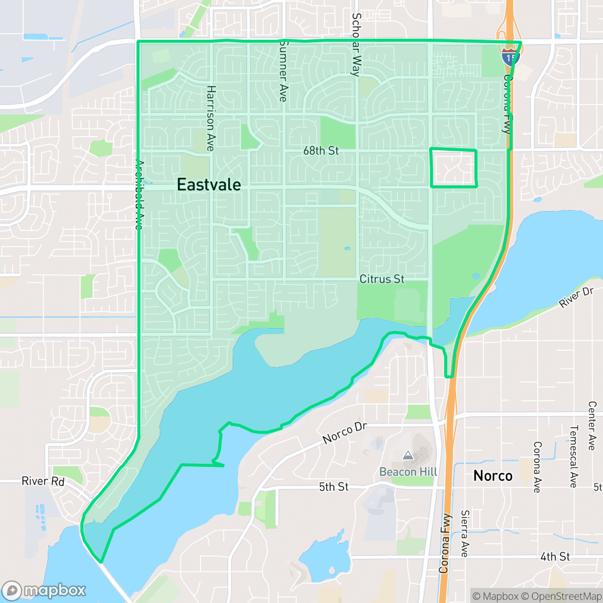 Map showing the location of Corona Valley, Eastvale, CA