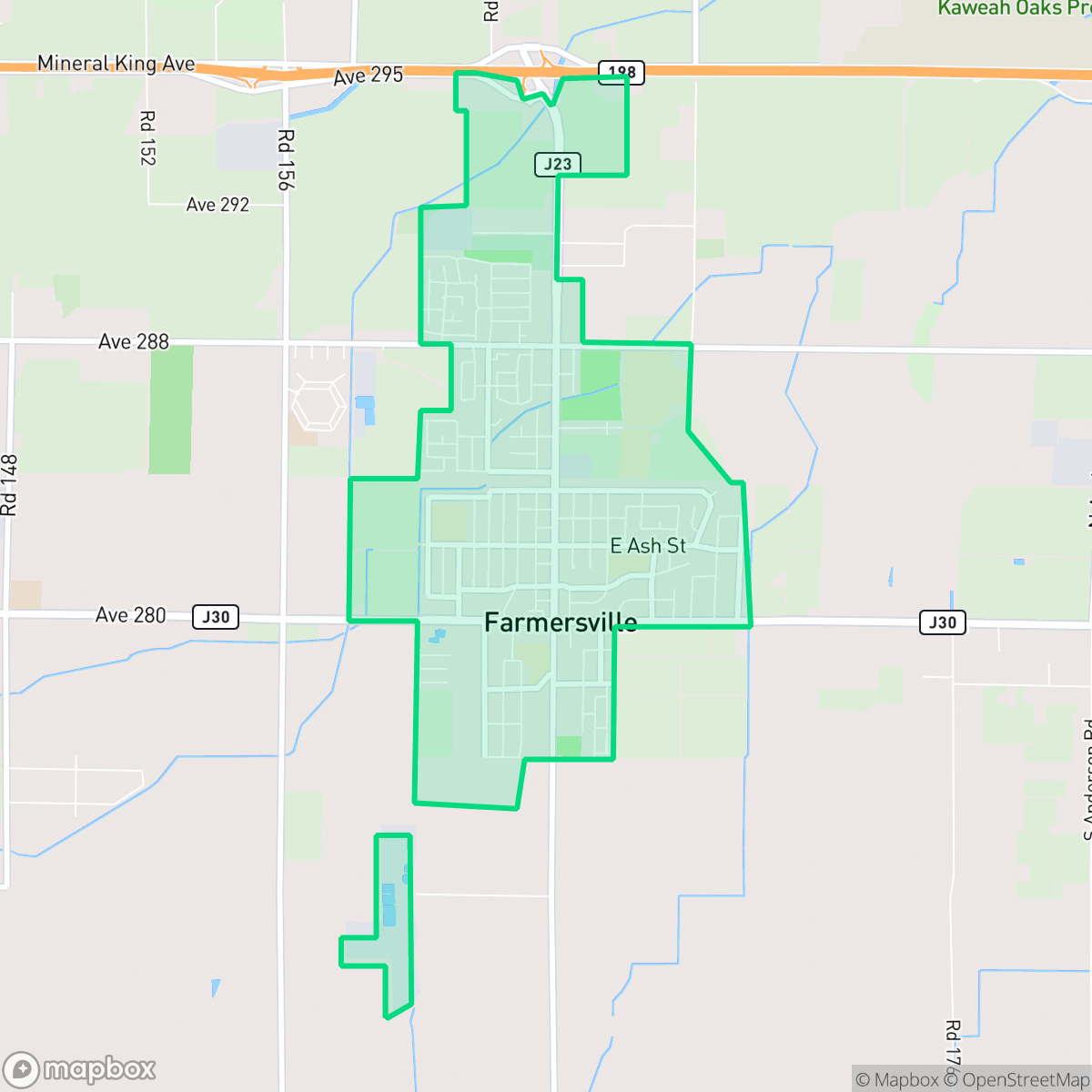 Map showing the location of Farmersville, CA — coverage area