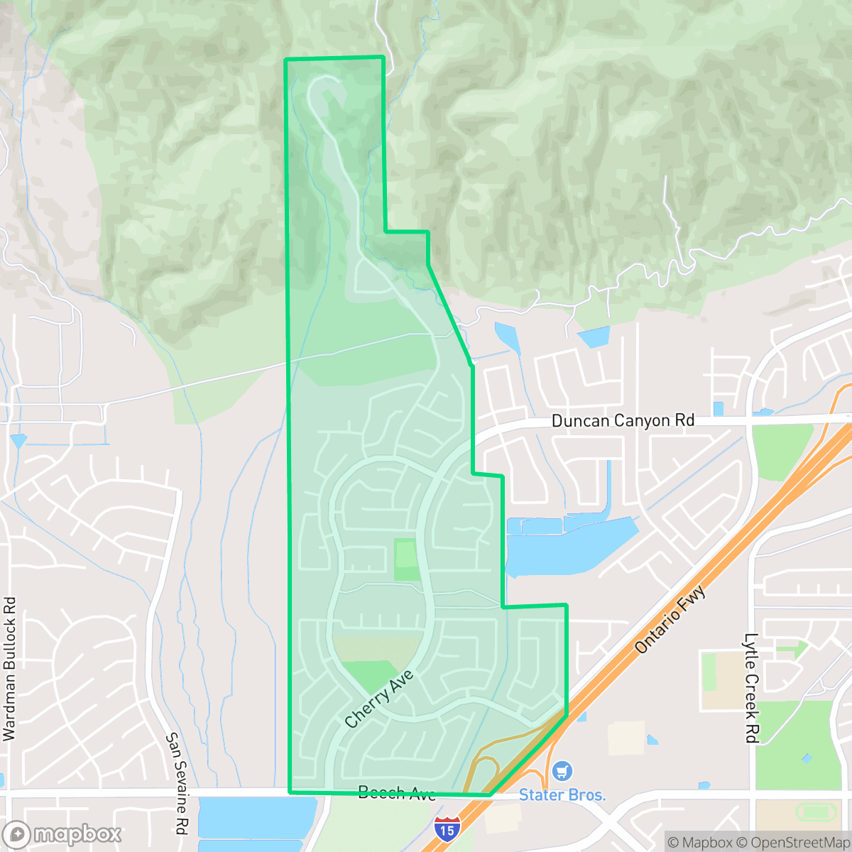 Map showing the location of Hunters Ridge, Fontana, CA