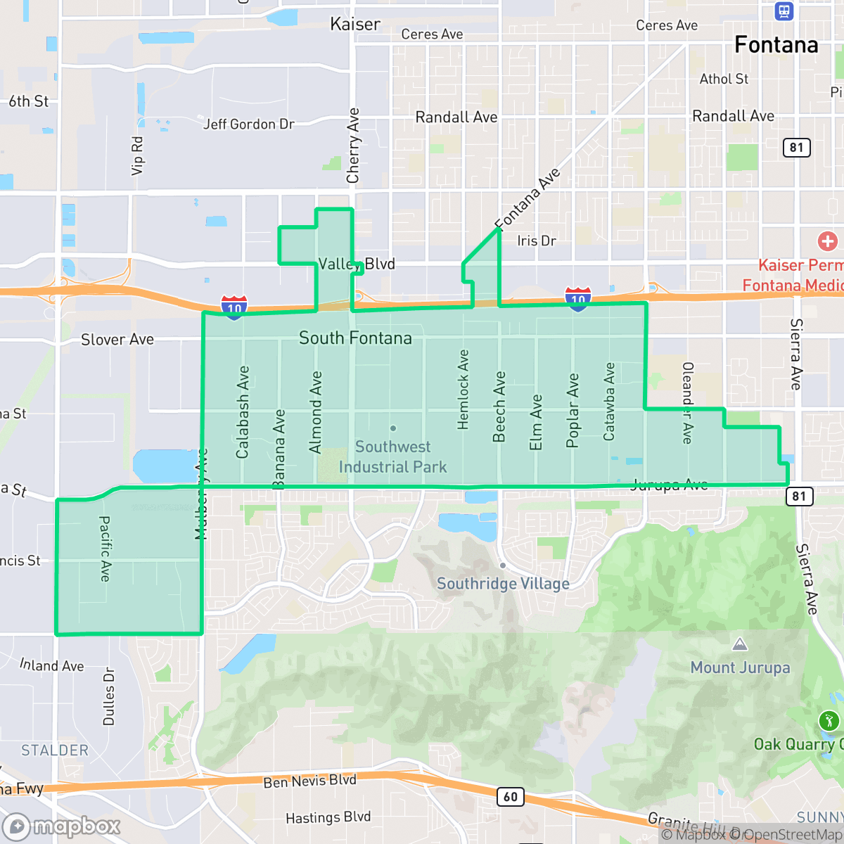 Map showing the location of Southwest Industrial Park, Fontana, CA