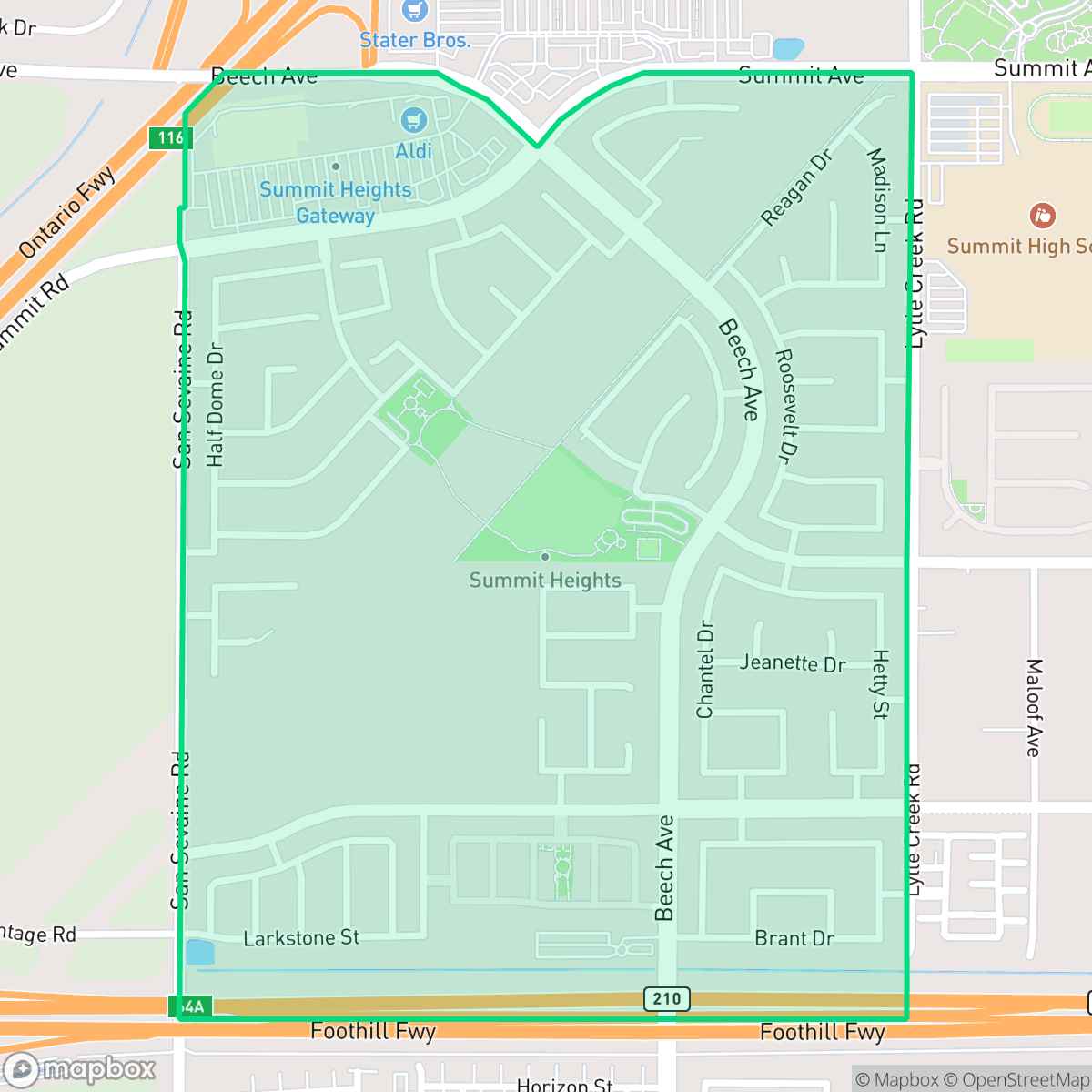 Map showing the location of Summit Heights, Fontana, CA