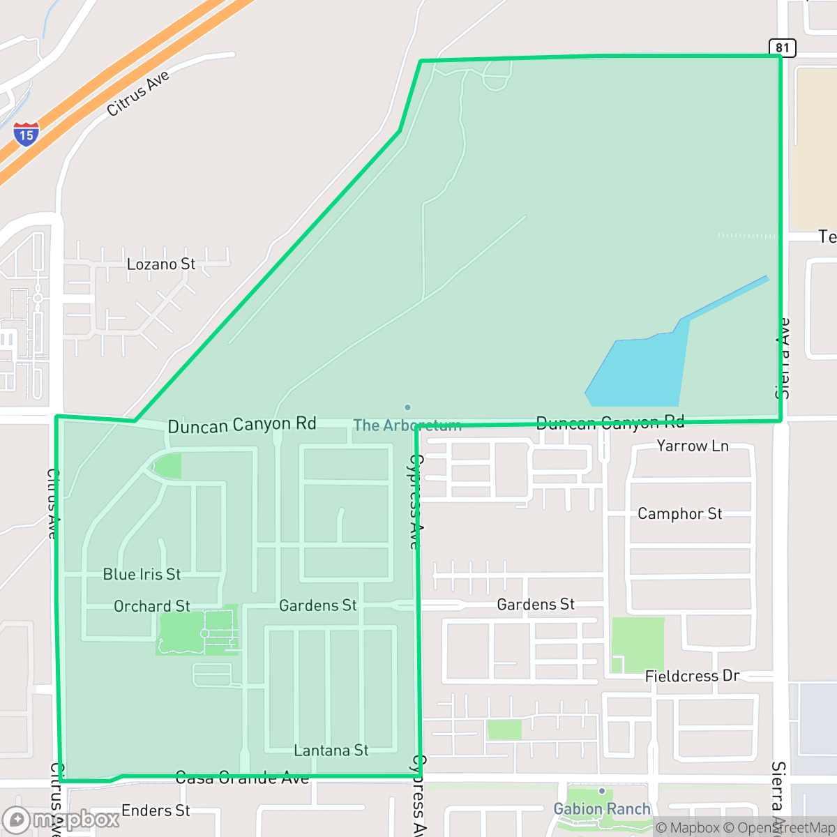 Map showing the location of The Arboretum, Fontana, CA