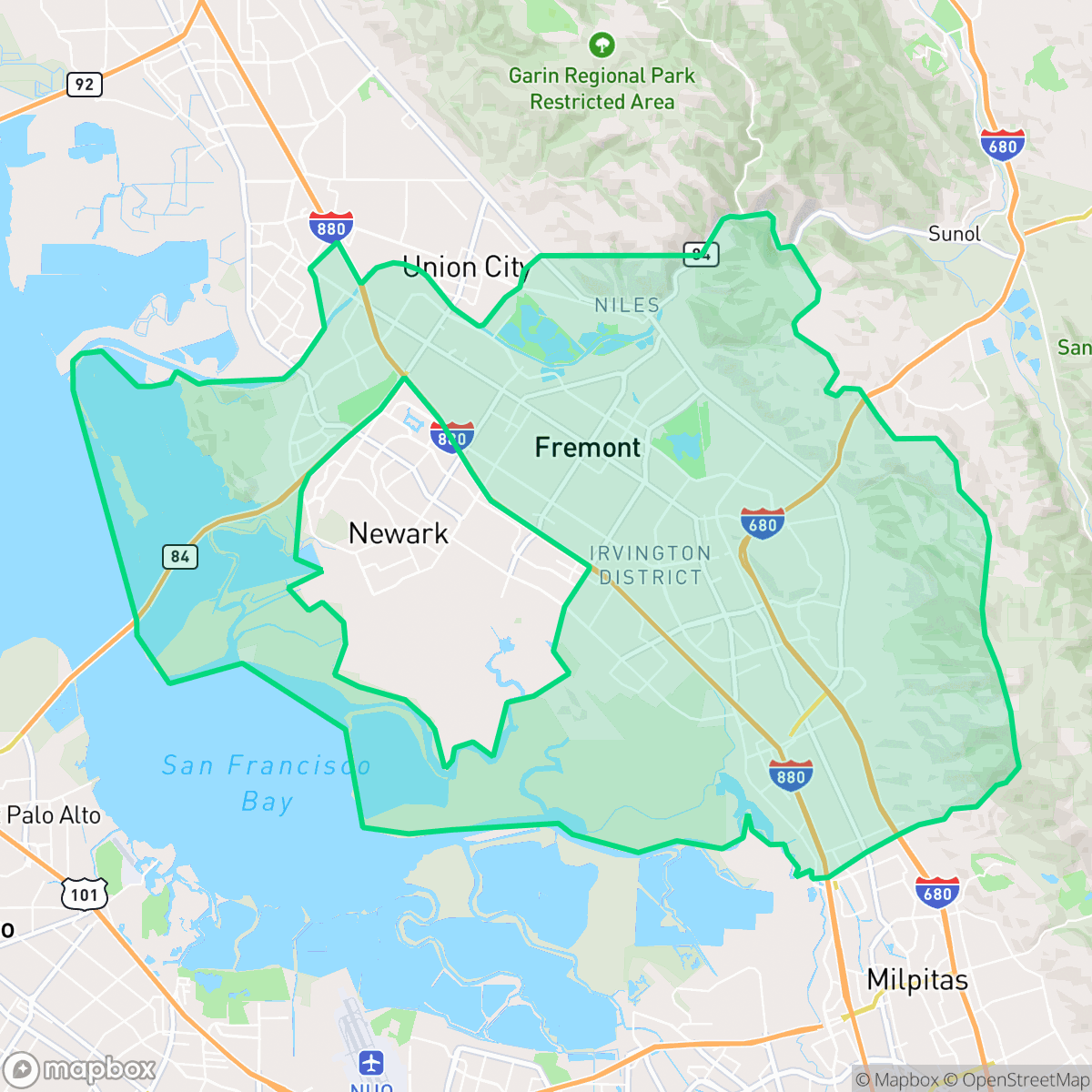 Map showing the location of Fremont, CA — coverage area