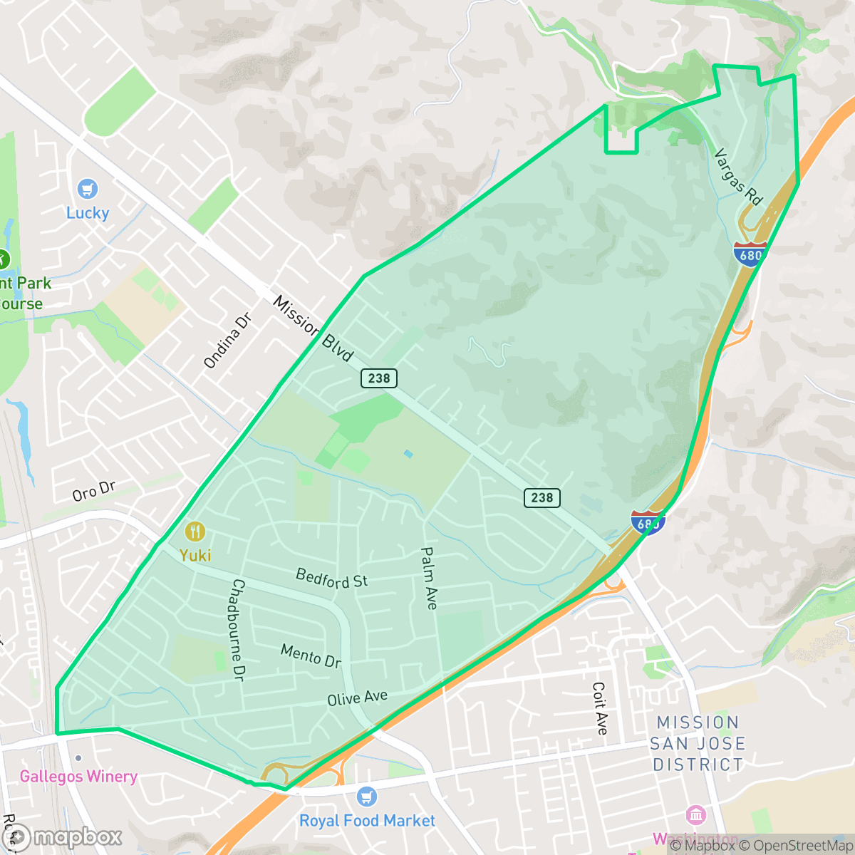Map showing the location of Mission Valley, Fremont, CA
