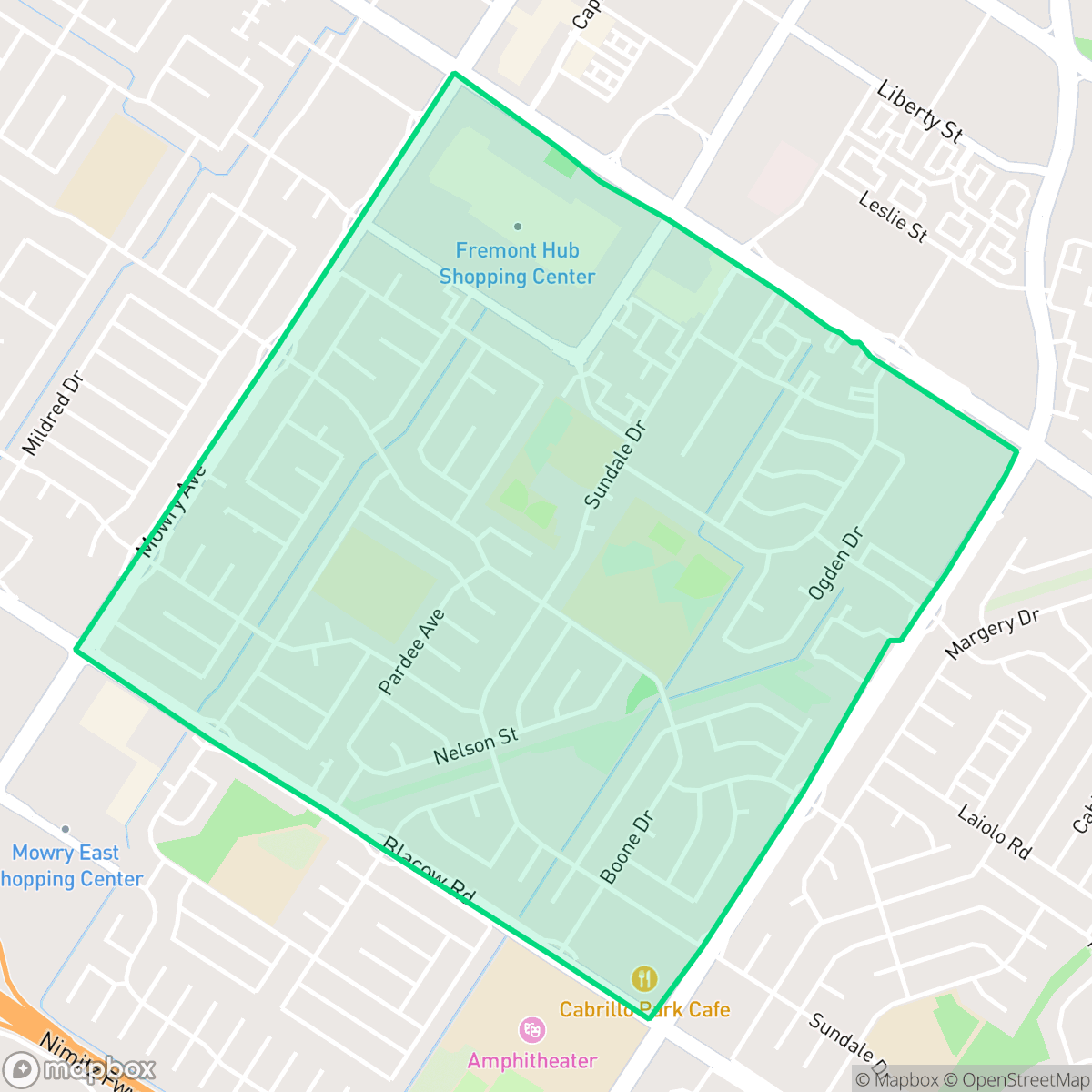 Map showing the location of Sundale, Fremont, CA