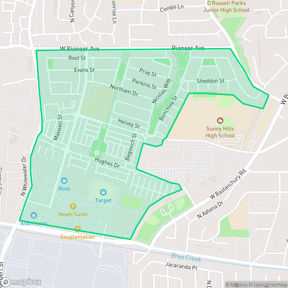 Map showing the location of Amerige Heights, Fullerton, CA
