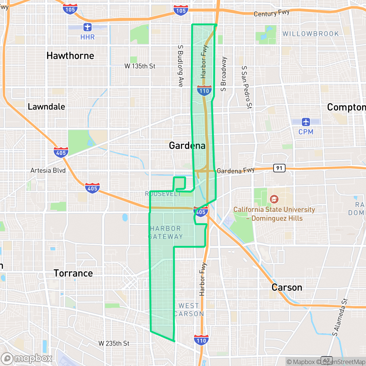 Map showing the location of Harbor Gateway, Gardena, CA