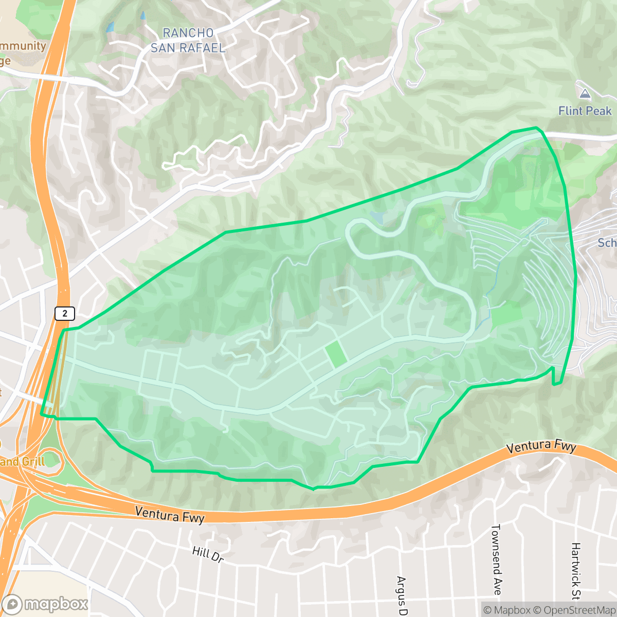 Map showing the location of Glenoaks Canyon, Glendale, CA