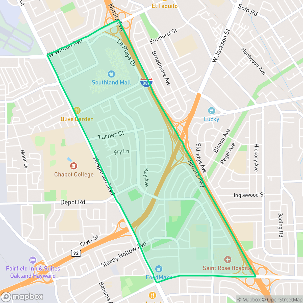 Map showing the location of Southgate, Hayward, CA