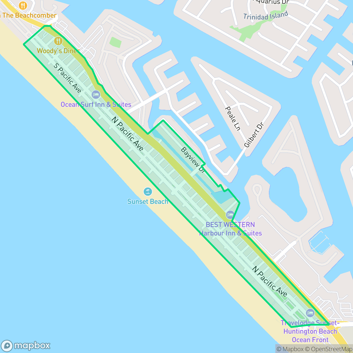 Map showing the location of Sunset Beach, Huntington Beach, CA
