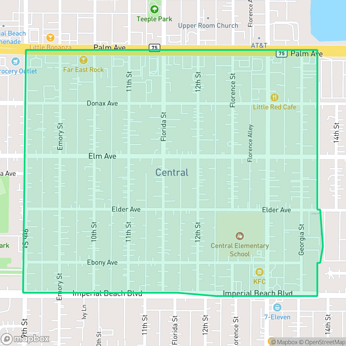 Map showing the location of Central, Imperial Beach, CA