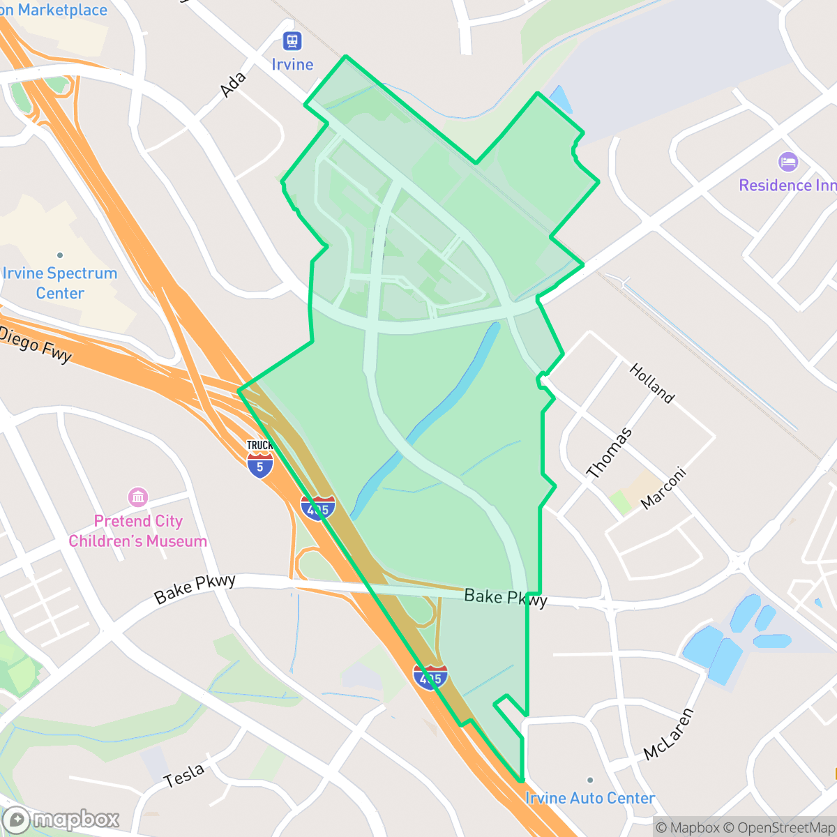 Map showing the location of Great Park, Irvine, CA