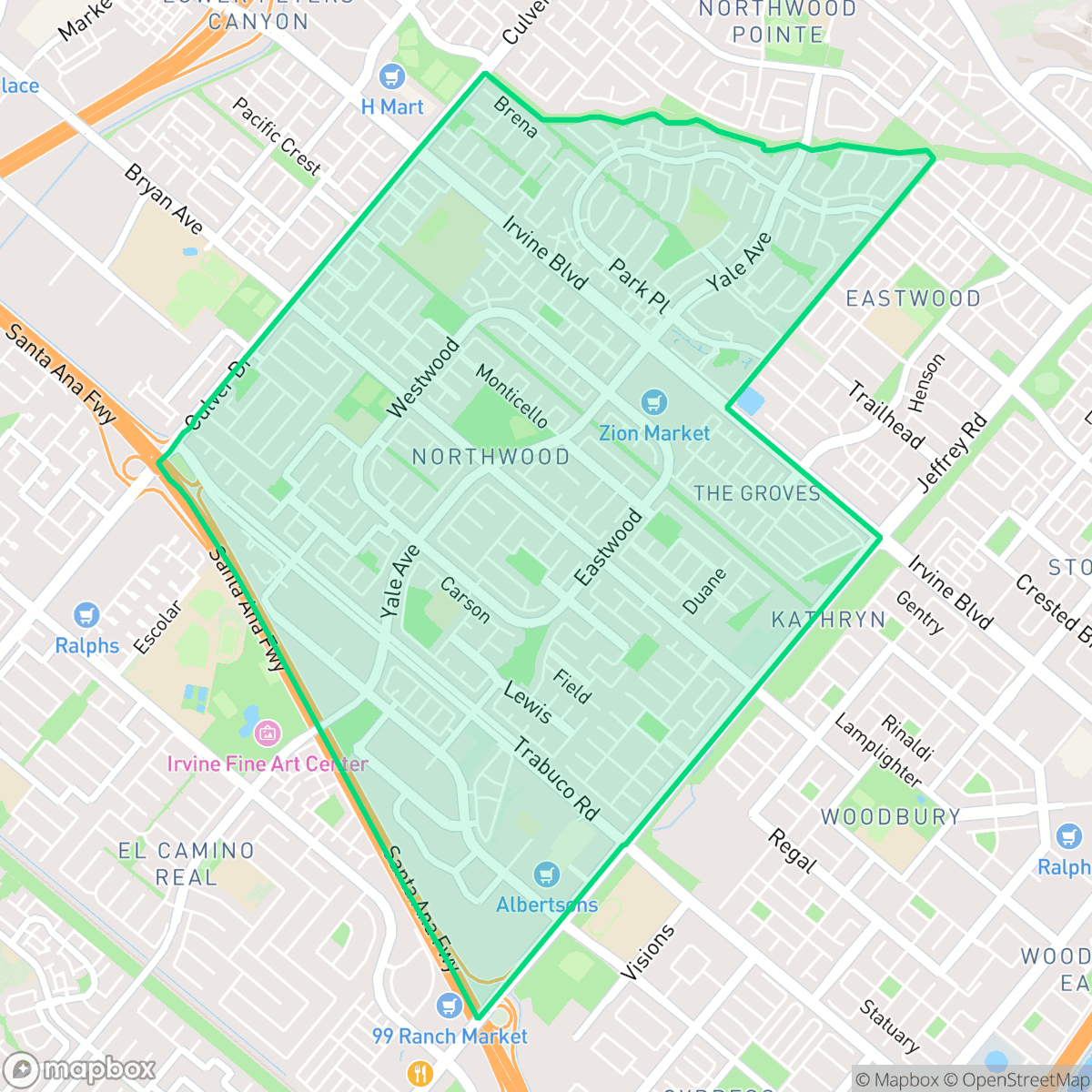 Map showing the location of Northwood, Irvine, CA