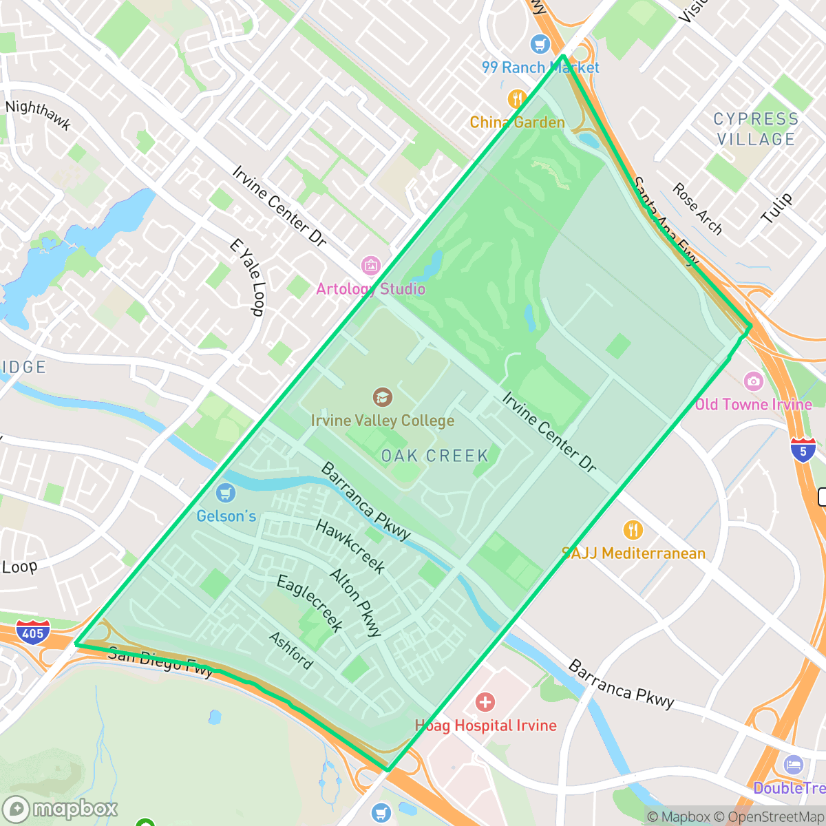Map showing the location of Oak Creek, Irvine, CA