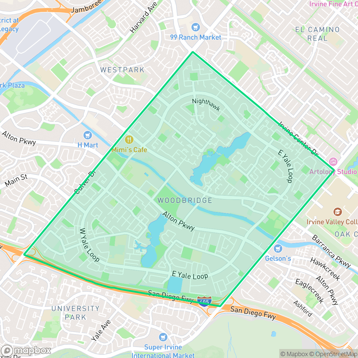 Map showing the location of Woodbridge, Irvine, CA