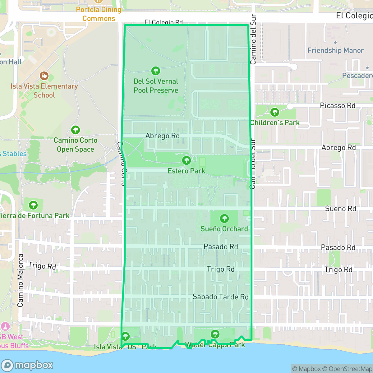 Map showing the location of 67 Block, Isla Vista, CA