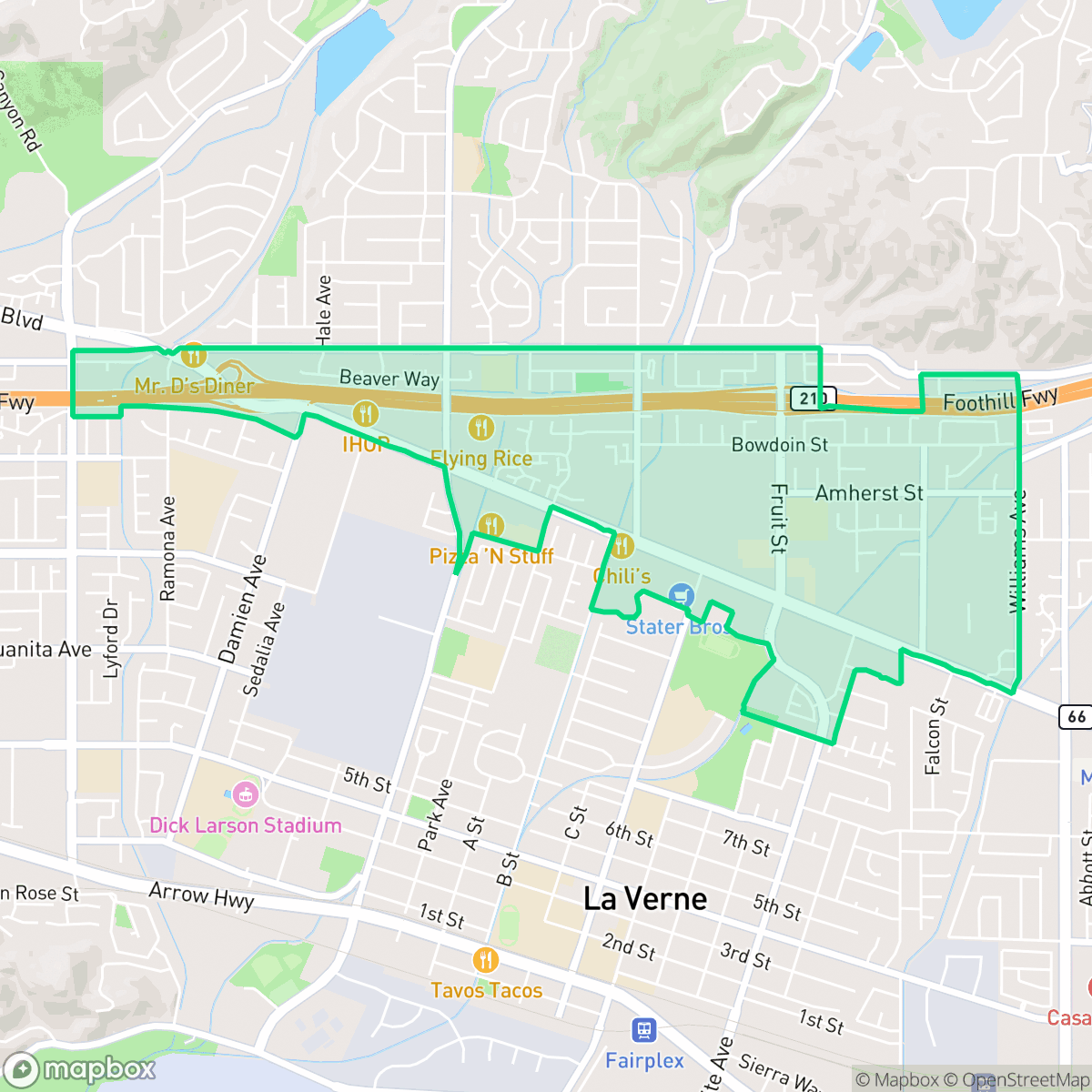 Map showing the location of Foothill Boulevard Corridor, La Verne, CA