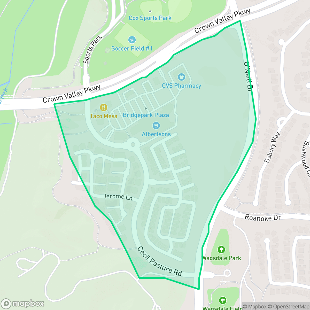 Map showing the location of Bridgepark District, Ladera Ranch, CA