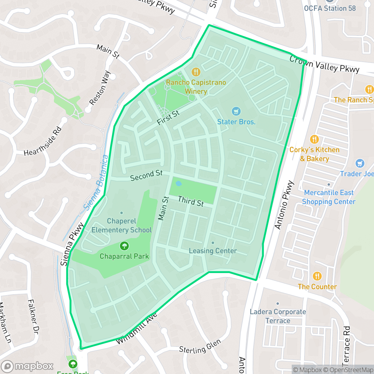 Map showing the location of Township Village, Ladera Ranch, CA
