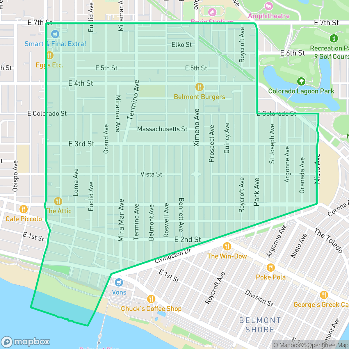 Map showing the location of Belmont Heights, Long Beach, CA