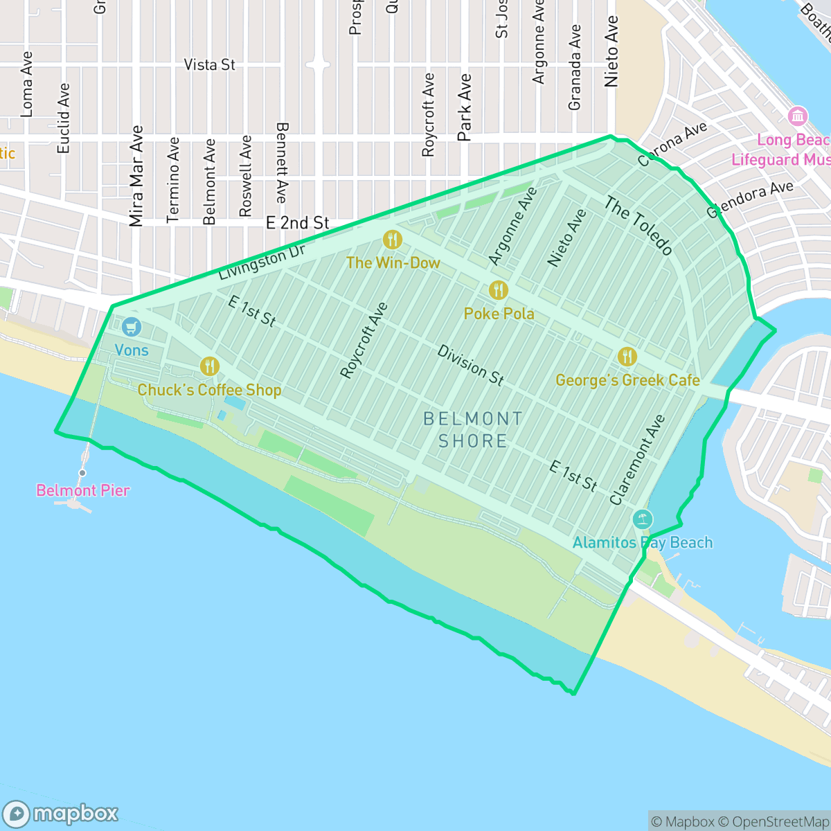 Map showing the location of Belmont Shore, Long Beach, CA