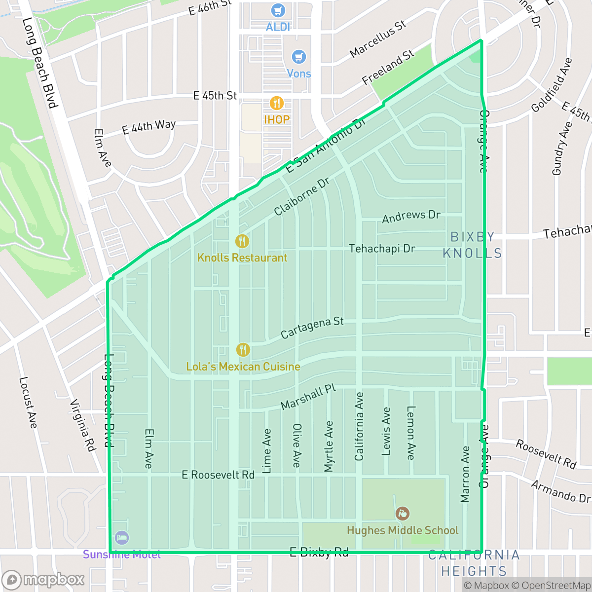 Map showing the location of Bixby Knolls, Long Beach, CA