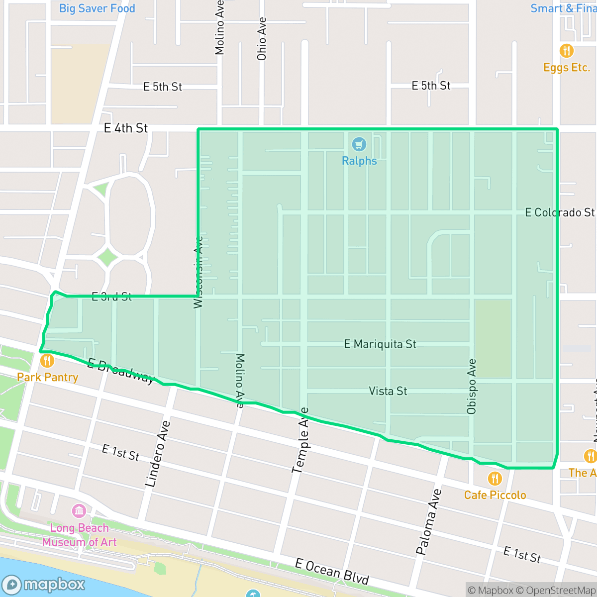 Map showing the location of Bluff Heights, Long Beach, CA