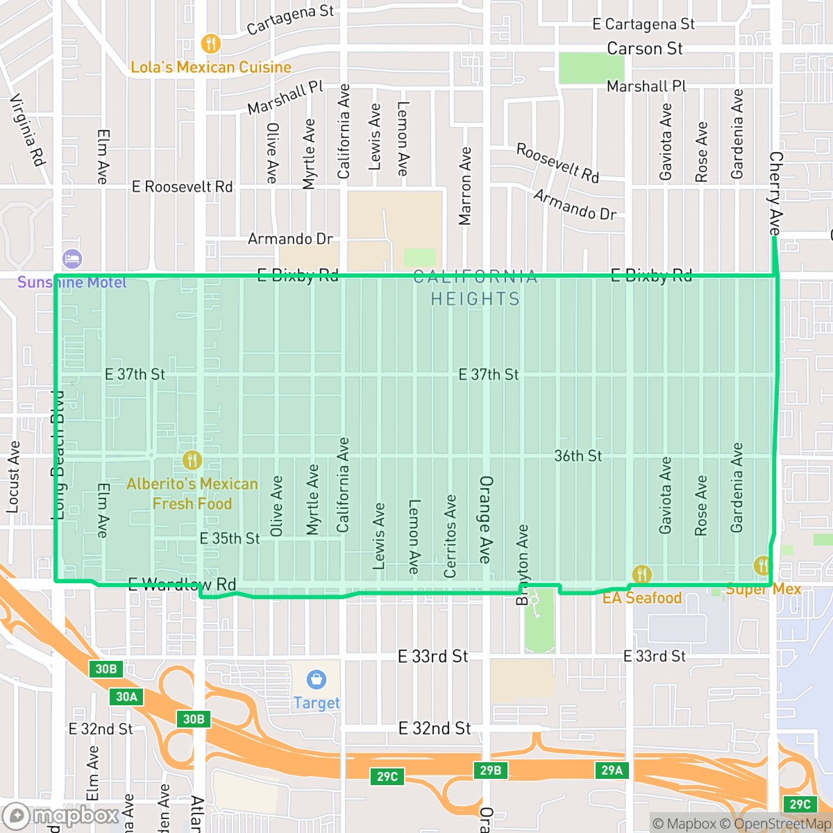 Map showing the location of California Heights, Long Beach, CA