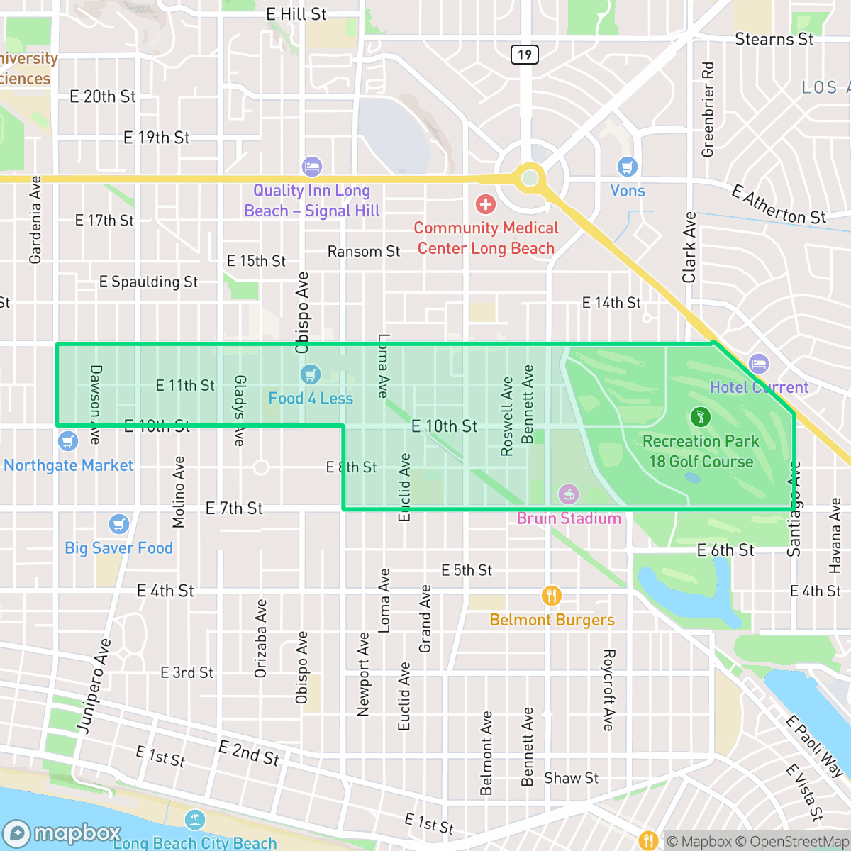 Map showing the location of East Side, Long Beach, CA