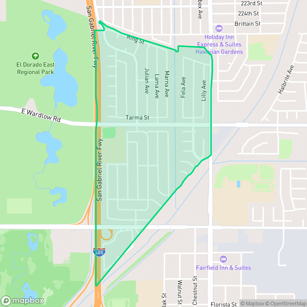 Map showing the location of El Dorado Park Estates, Long Beach, CA